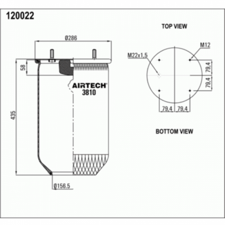 Пневмоподушка без стакана h432 4шп.M12. 1отв.штуц.M22. Н: 1отв. d160 SAF/ROR/Trailor/Volvo AIRTECH3810P