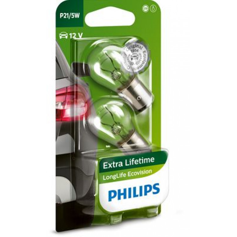 Лампа 12V P21/5W BAY15d двухконтактная блистер (2шт.) Long Life Eco Vision PHILIPS