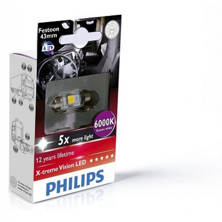 Лампа светодиодная 24V C5W SV8.5-8 43мм 6000K двухцокольная X-Treme Vision Led PHILIPS