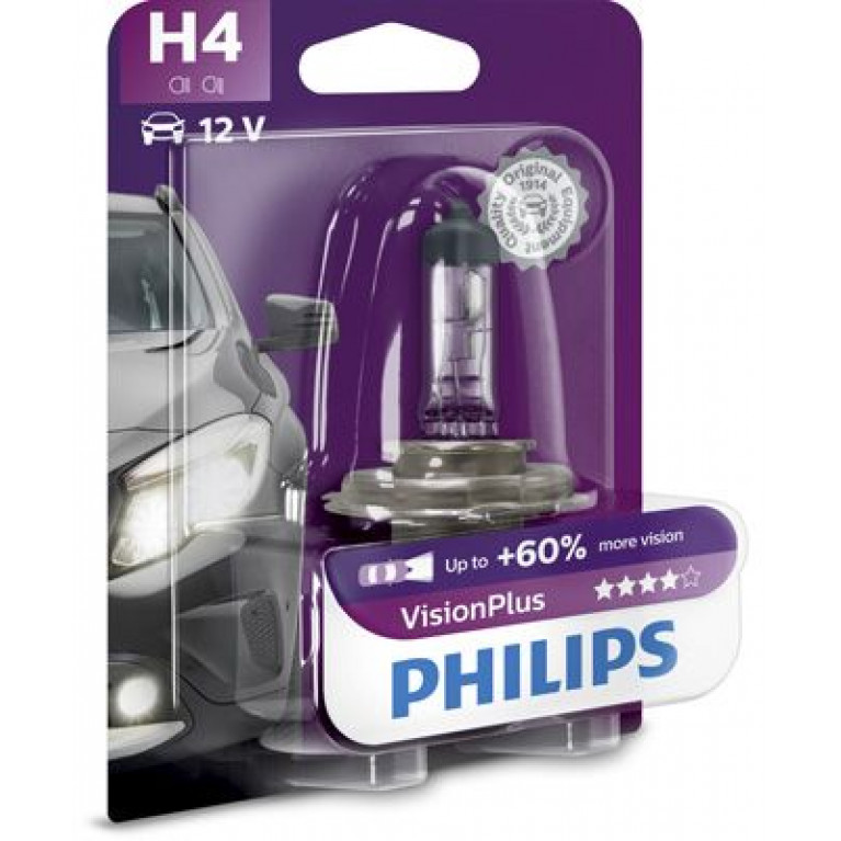 Лампа 12V H4 60/55W +60% P43t блистер (1шт.) Visionplus PHILIPS
