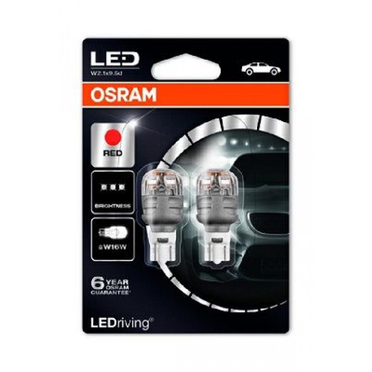 Лампа светодиодная 12V W16W W2.1x9.5d бесцокольная блистер (2шт.) Red OSRAM