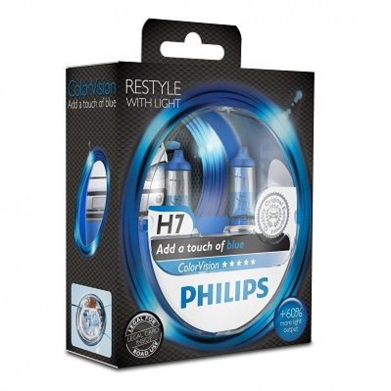 Лампа 12V H7 55W +60% PX26d бокс (2шт.) Color Vision Blue PHILIPS