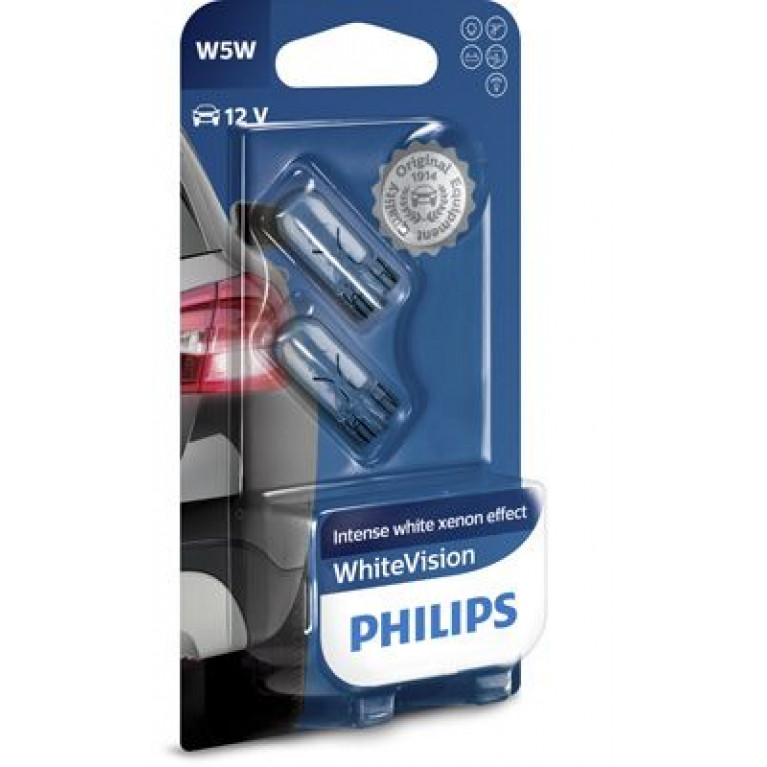 Лампа 12V W5W T10W W2.1x9.5d бесцокольная блистер (2шт.) WhiteVision PHILIPS