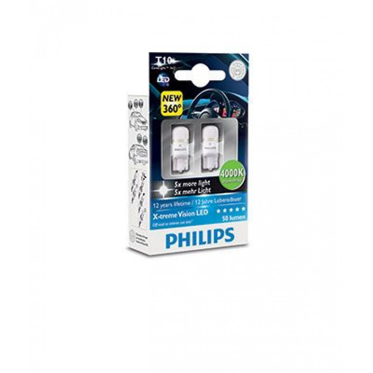 Лампа светодиодная 12V W5W T10W W2.1x9.5d бесцокольная бокс (2шт.) X-Treme Vision Led PHILIPS