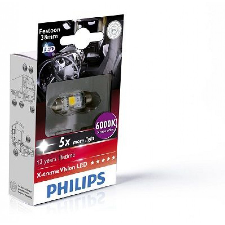 Лампа светодиодная 24V C5W SV8.5-8 38мм 6000K двухцокольная Blue Vision Led PHILIPS