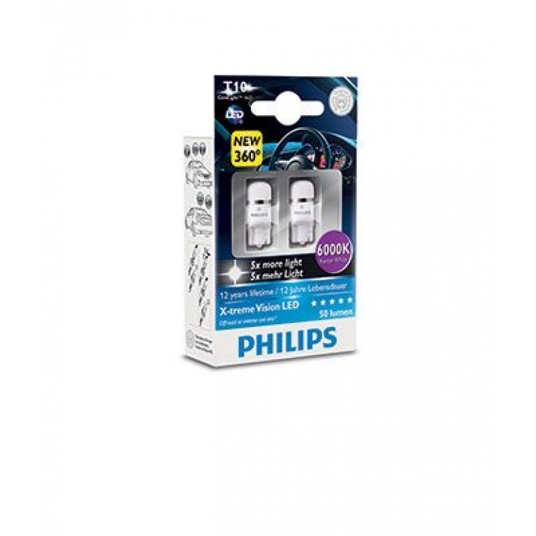 Лампа 12V W5W T10W W2.1x9.5d 6000Kбесцокольная бокс (2шт.) X-TremeVision PHILIPS